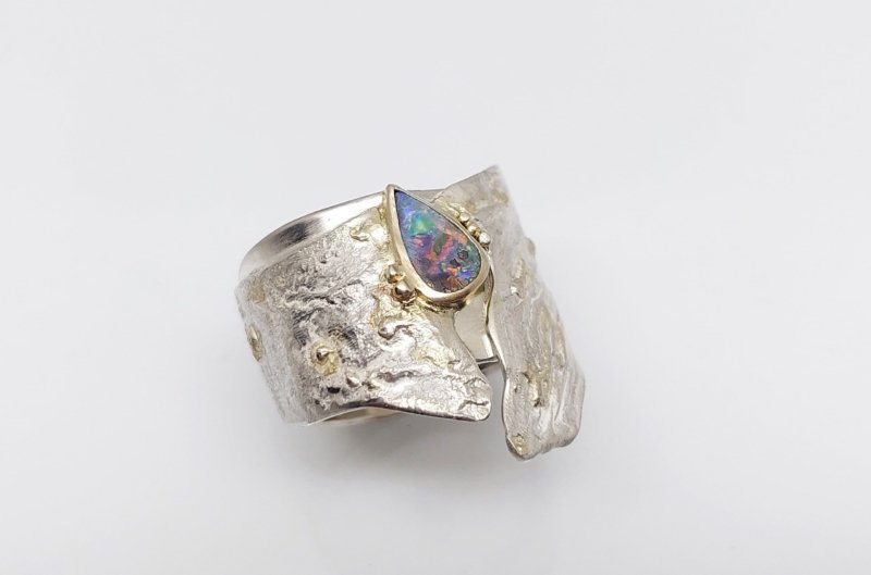 bague argent réticulé or jaune opale